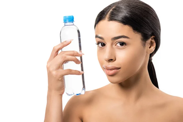 Beautiful Naked African American Woman Holding Bottle Water Looking Camera — Stock Photo, Image