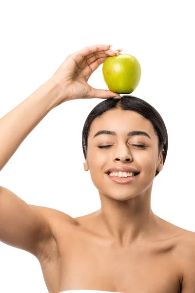 Happy Naked African American Girl Closed Eyes Holding Green Apple — Stock Photo, Image