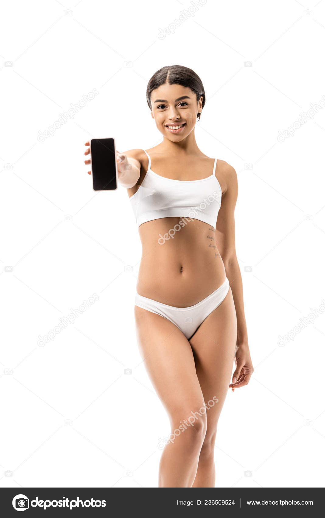 Beautiful African American Girl Underwear Holding Smartphone Blank Screen  Smiling Stock Photo by ©VitalikRadko 236509524