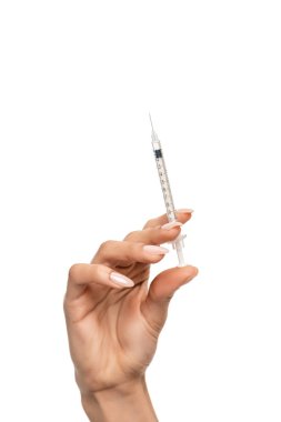 close-up partial view of young african american woman holding syringe with beauty injection isolated on white clipart