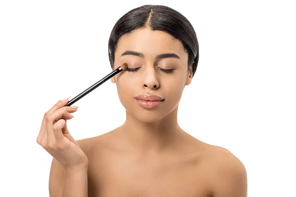 Attractive Brunette African American Girl Closed Eyes Applying Eyeshadow Cosmetic — Stock Photo, Image