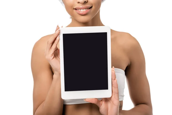 Cropped Shot Smiling Young African American Woman Holding Digital Tablet — Stock Photo, Image