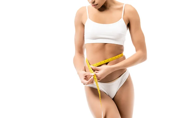Cropped Shot African American Girl Underwear Measuring Waist Tape Isolated — Stock Photo, Image