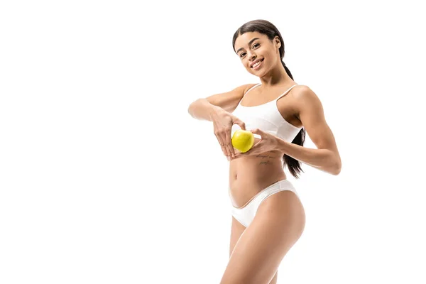 Beautiful Young African American Woman Holding Green Apple Hand Heart — Stock Photo, Image