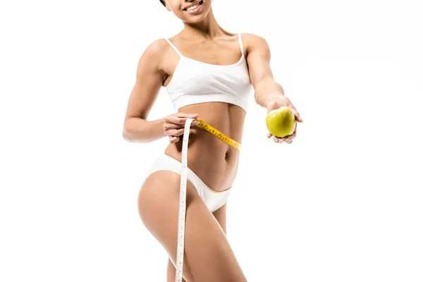 Cropped Shot Smiling Young African American Woman Underwear Holding Measuring — Stock Photo, Image