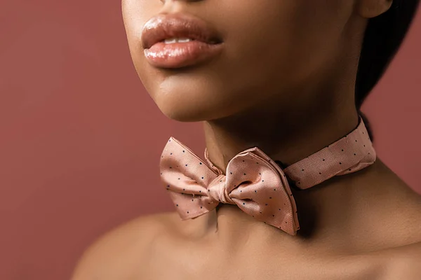 Cropped Shot Sensual African American Girl Pink Bow Tie Isolated — Stock Photo, Image