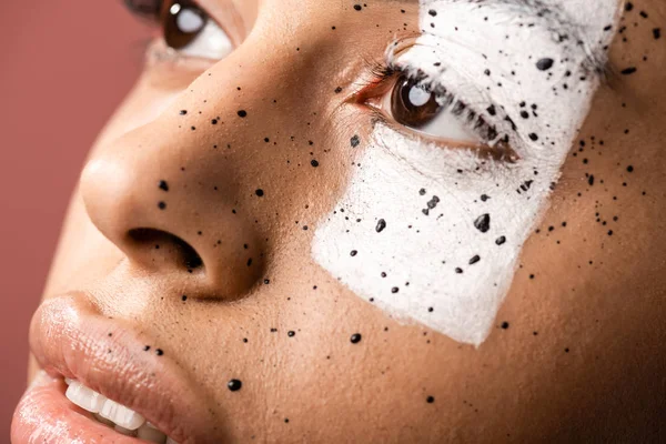 Close View Beautiful Female Face White Paint Eye Brown Splashes — Stock Photo, Image