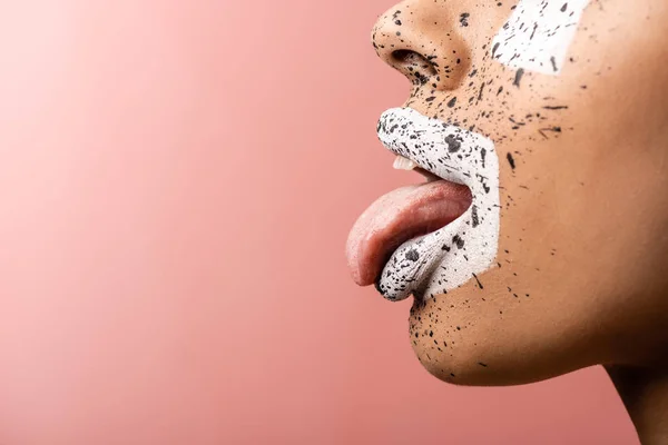 Cropped Shot African American Girl Paint Splashes Face Showing Tongue — Stock Photo, Image