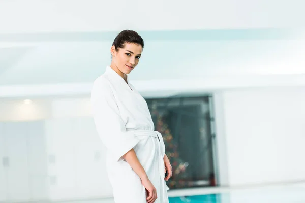 Attractive Woman Bathrobe Standing Spa — Stok fotoğraf