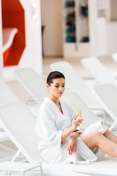 Attractive Woman Holding Glass Champagne Sitting Bathrobe Deck Chair — Stock fotografie