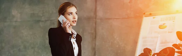 Beautiful Concentrated Businesswoman Talking Smartphone Office — Stock Photo, Image