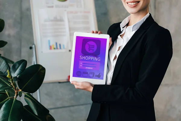 Cropped View Smiling Pretty Businesswoman Holding Digital Tablet Shopping App — Stock Photo, Image