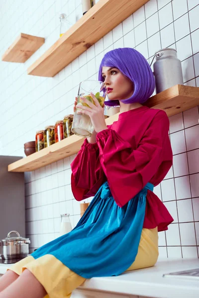 Selective Focus Housewife Purple Hair Colorful Clothes Sitting Kitchen Counter — Stock Photo, Image