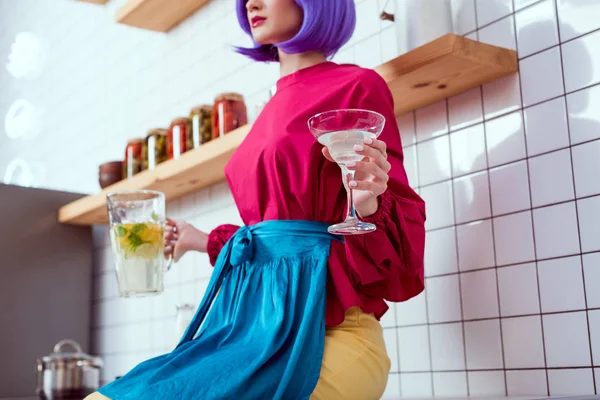Partial View Housewife Purple Hair Colorful Clothes Holding Jar Lemonade — Stock Photo, Image
