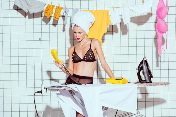 Beautiful Dissatisfied Housewife Holding Retro Telephone Bathroom — Stock Photo, Image