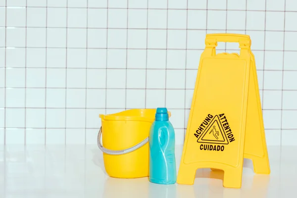 Selective Focus Cleaning Equipment Attention Sign Bathroom — Stock Photo, Image