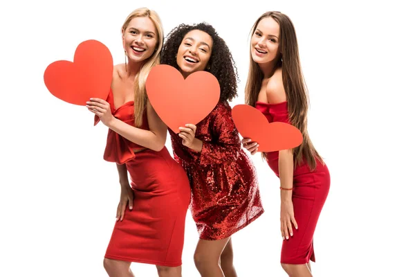 Beautiful Happy Multiethnic Girls Holding Cardboard Hearts Posing Isolated White — Stock Photo, Image
