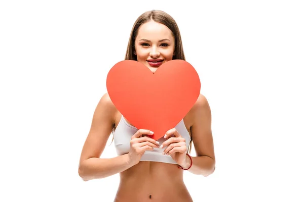 Hermosa Chica Sonriente Ropa Interior Con Tarjeta Forma Corazón Mirando —  Fotos de Stock