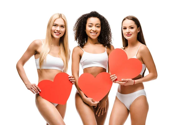 Beautiful Multiethnic Girls Underwear Holding Cardboard Hearts Looking Camera Isolated — Stock Photo, Image