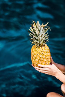 kısmi taze ananas yüzme havuzu tutarak poz kız görünümünü