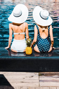 arkadan görünüşü PIN kızlar mayo ve ananas ile yüzme havuzunda oturuyor şapkalar