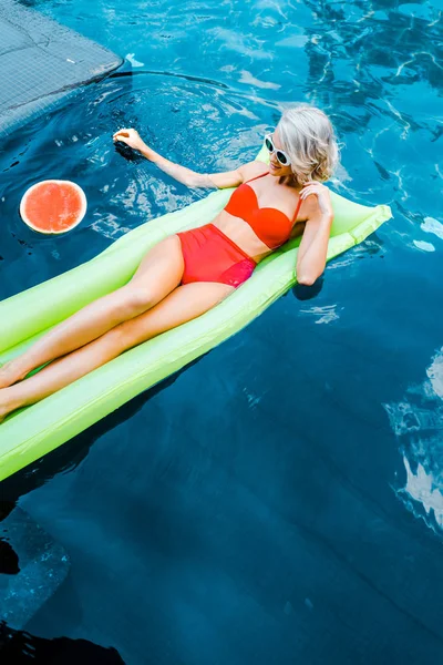 Beautiful Girl Swimsuit Resting Green Inflatable Mattress Swimming Pool Watermelon — Stock Photo, Image