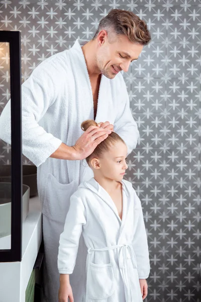 Happy Father Making Hair Cute Daughter Standing Bathroom — Stock Photo, Image