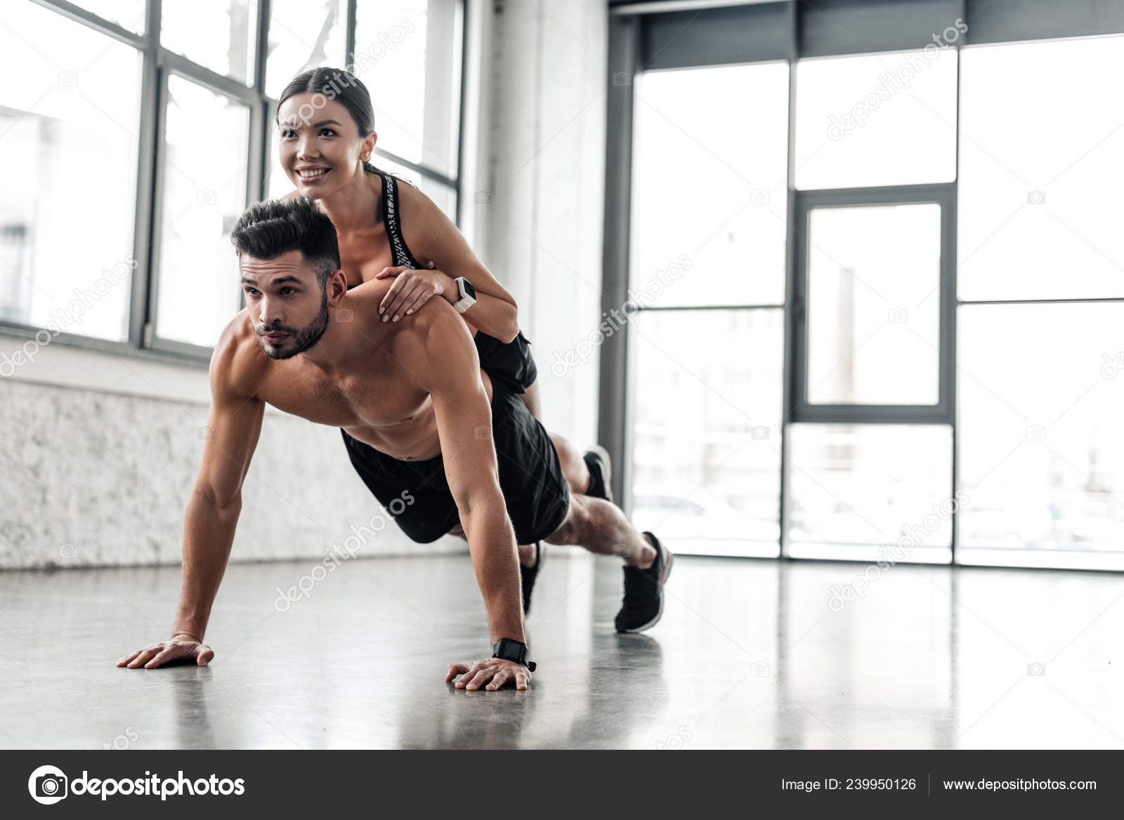 Muscular Bare Chested Sportsman Doing Push Ups Smiling Sporty Girl Stock Photo C Vitalikradko Muscular Bare Chested Sportsman Doing Push Ups Smiling Sporty Girl Stock Photo C Vitalikradko