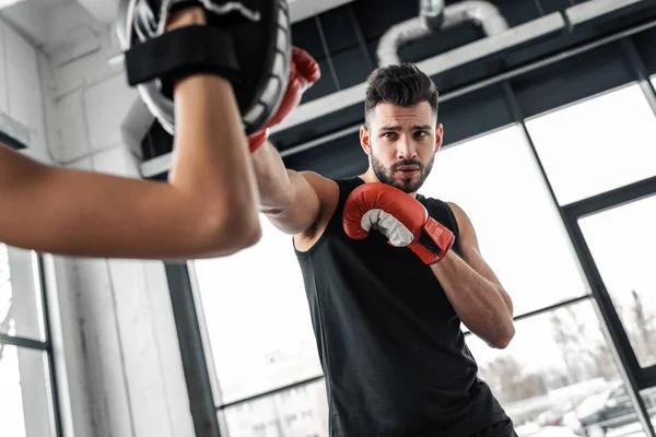 Partial View Trainer Male Boxer Boxing Gloves Training Together Gym — Stock Photo, Image