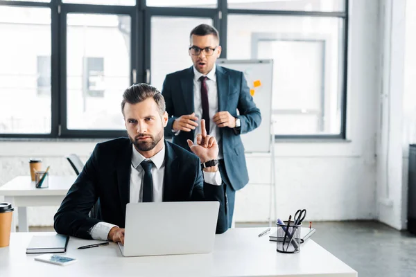 Selective Focus Handsome Businessman Showing Middle Finger Coworker Glasses — Stock Photo, Image