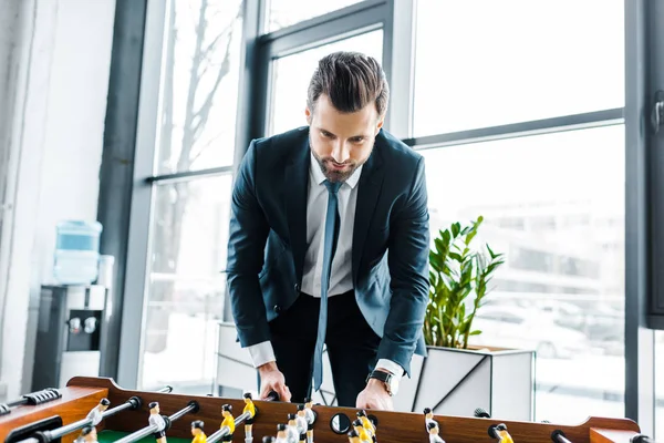 Bearded Businessman Formal Wear Playing Table Football — Stock Photo, Image