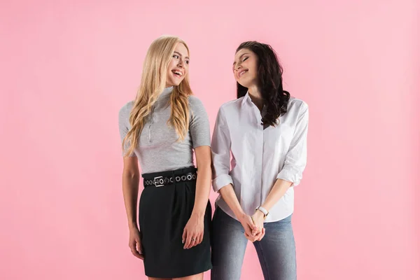 Gorgeous Young Women Laughing Isolated Pink — Stock Photo, Image