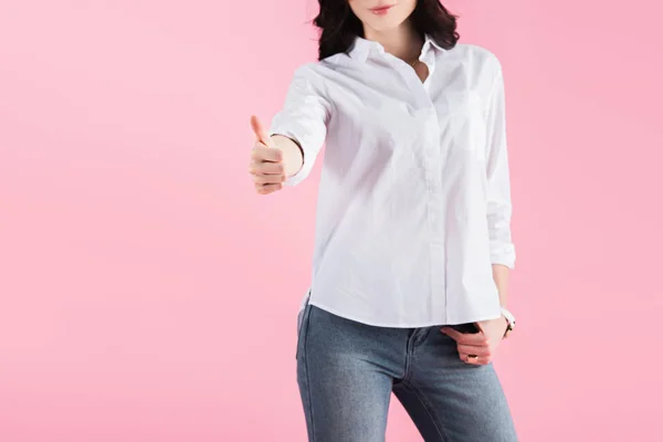 Cropped View Brunette Woman Showing Thumb Isolated Pink — Stock Photo, Image