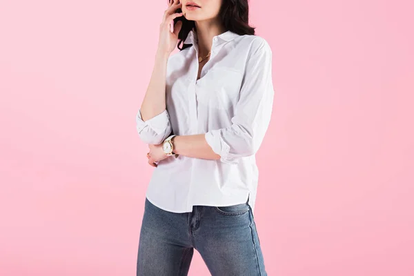 Cropped View Young Woman Posing Casual Clothing Isolated Pink — Stock Photo, Image