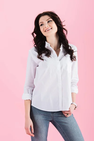 Beautiful Brunette Smiling Woman Isolated Pink — Stock Photo, Image