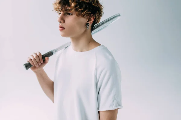 Handsome Man Curly Hair Holding Tennis Racket Isolated Grey — Stock Photo, Image