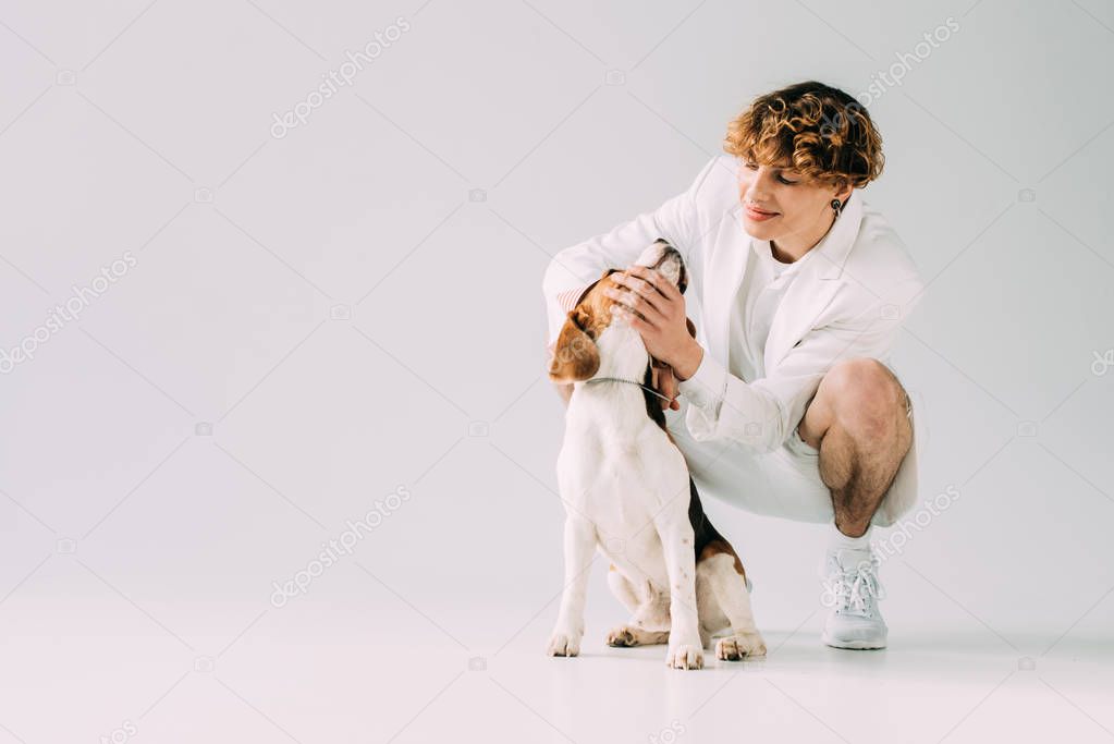 happy man with curly hair looking at beagle dog on grey background