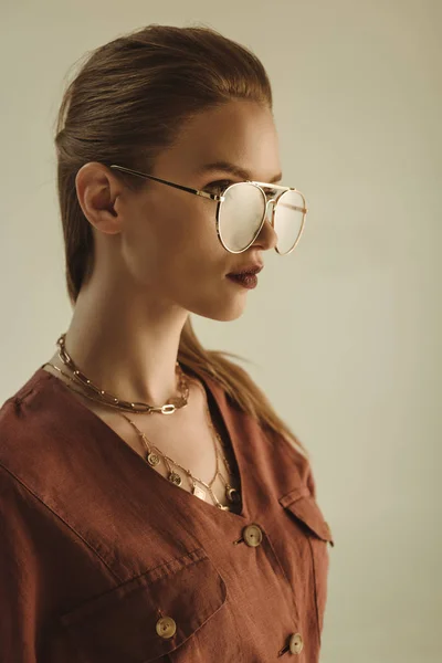 Attractive Young Woman Posing Trendy Eyeglasses Isolated Beige — Stock Photo, Image