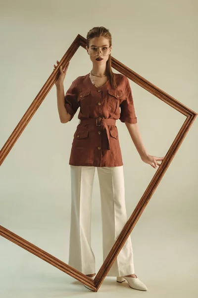 Stylish Girl Retro Style Posing Big Wooden Frame — Stock Photo, Image