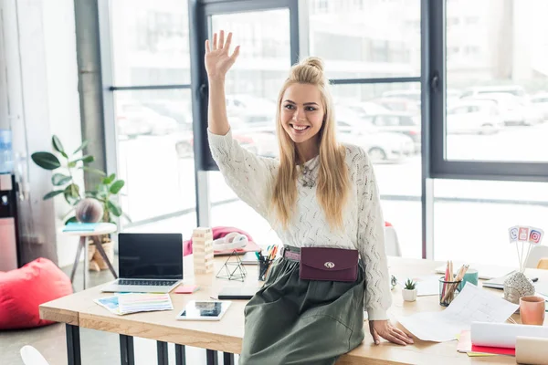 Beautiful Smiling Female Architect Waving Table Blueprints Laptop Loft Office — Stock Photo, Image