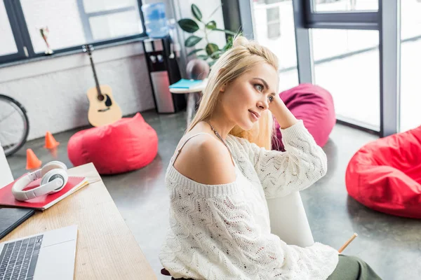 Beautiful Tired Casual Businesswoman Sitting Computer Desk Loft Office Looking — Stock Photo, Image