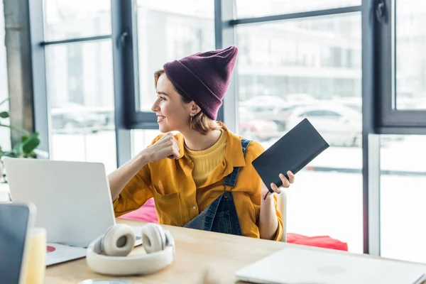 Smiling Young Female Specialist Notebook Using Laptop Loft Office Stock Photo