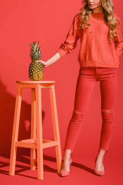 Kırpılan görünümü taze ananas, yaşam mercan taburede tutan kadın 