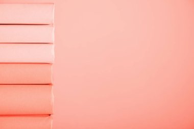 yaşam kitap yığını mercan arka plan kopya alanı ile. Yıl 2019 kavramının Pantone renk
