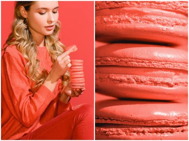 tatlı macaroons ve yaşam mercan moda sarışın kadın ile kolaj. Yıl 2019 kavramının Pantone renk