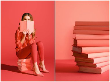 yaşam ile kolaj mercan kitap ve genç kadın kitap okumak. Yıl 2019 kavramının Pantone renk