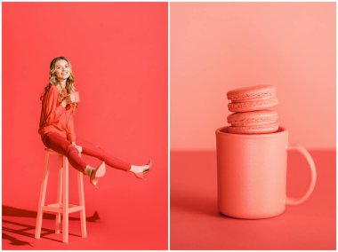 macaroons Kupası ve yaşam mercan kahve ile gülümseyen kız ile kolaj. Yıl 2019 kavramının Pantone renk 