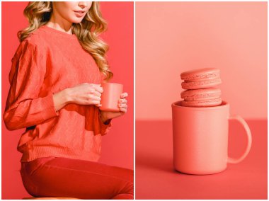 Kupası ve kadınla yaşayan mercan kahve macaroons ile kolaj. Yıl 2019 kavramının Pantone renk 