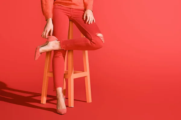 Cropped View Stylish Girl Posing Living Coral Clothing Stool Red — Stock Photo, Image