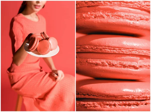 collage with sweet macaroons and fashionable model in living coral. Pantone color of the year 2019 concept